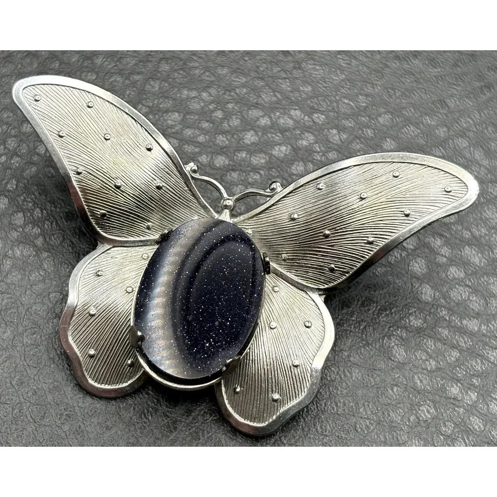 Vintage Silver Tone Butterfly Brooch Pin Dark Blue Goldstone Glitter Cabochons